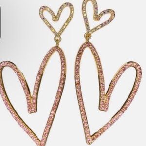 Betsey Johnson Double Hearts Pink Gold Crystal Earrings